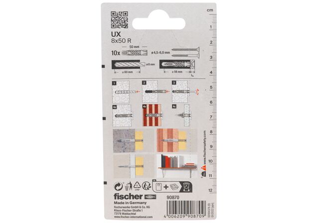 Packaging: "fischer Universalplugg UX 8 x 50 R med krage"