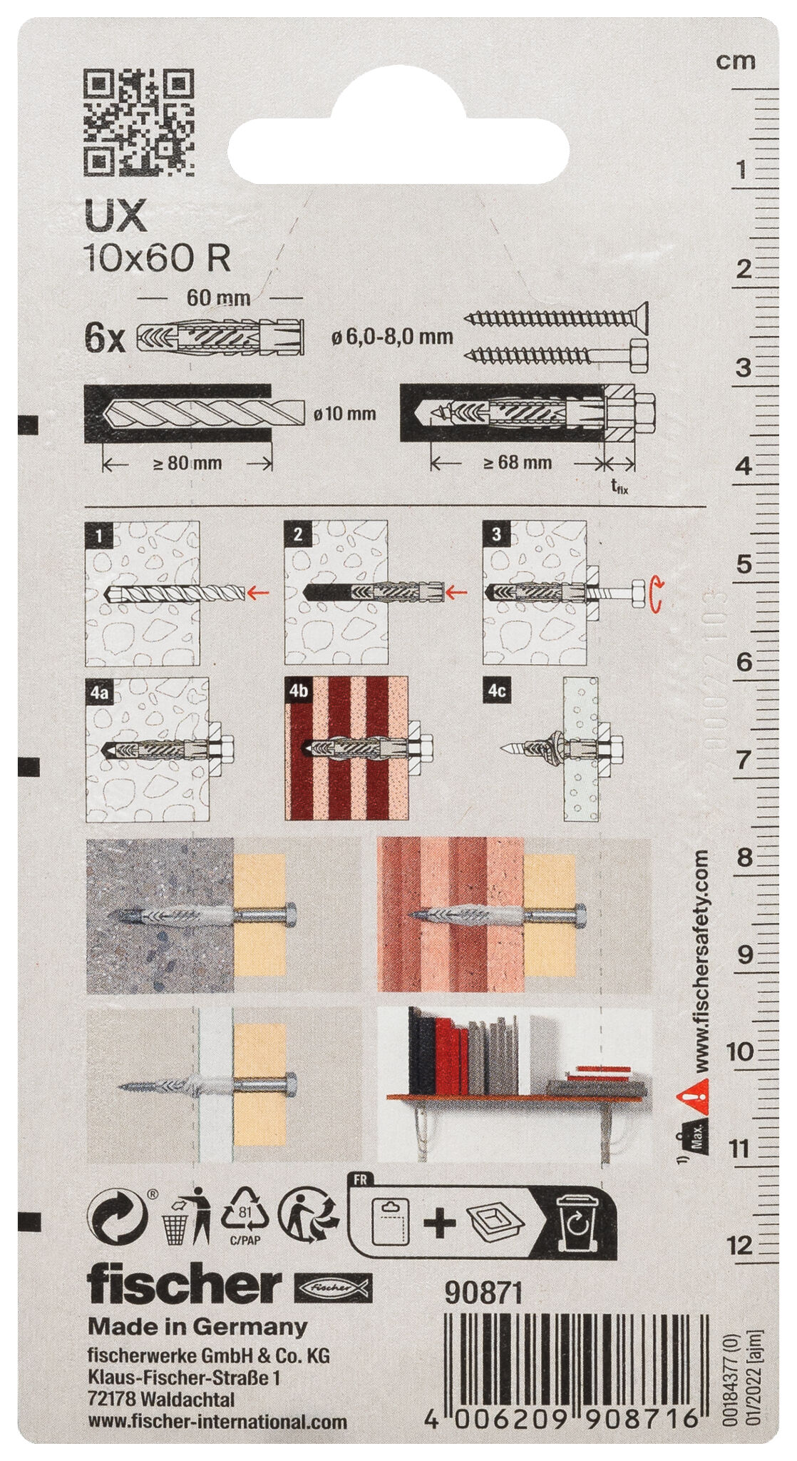 Packaging: "fischer Universal plug UX 10 x 60 R with rim"