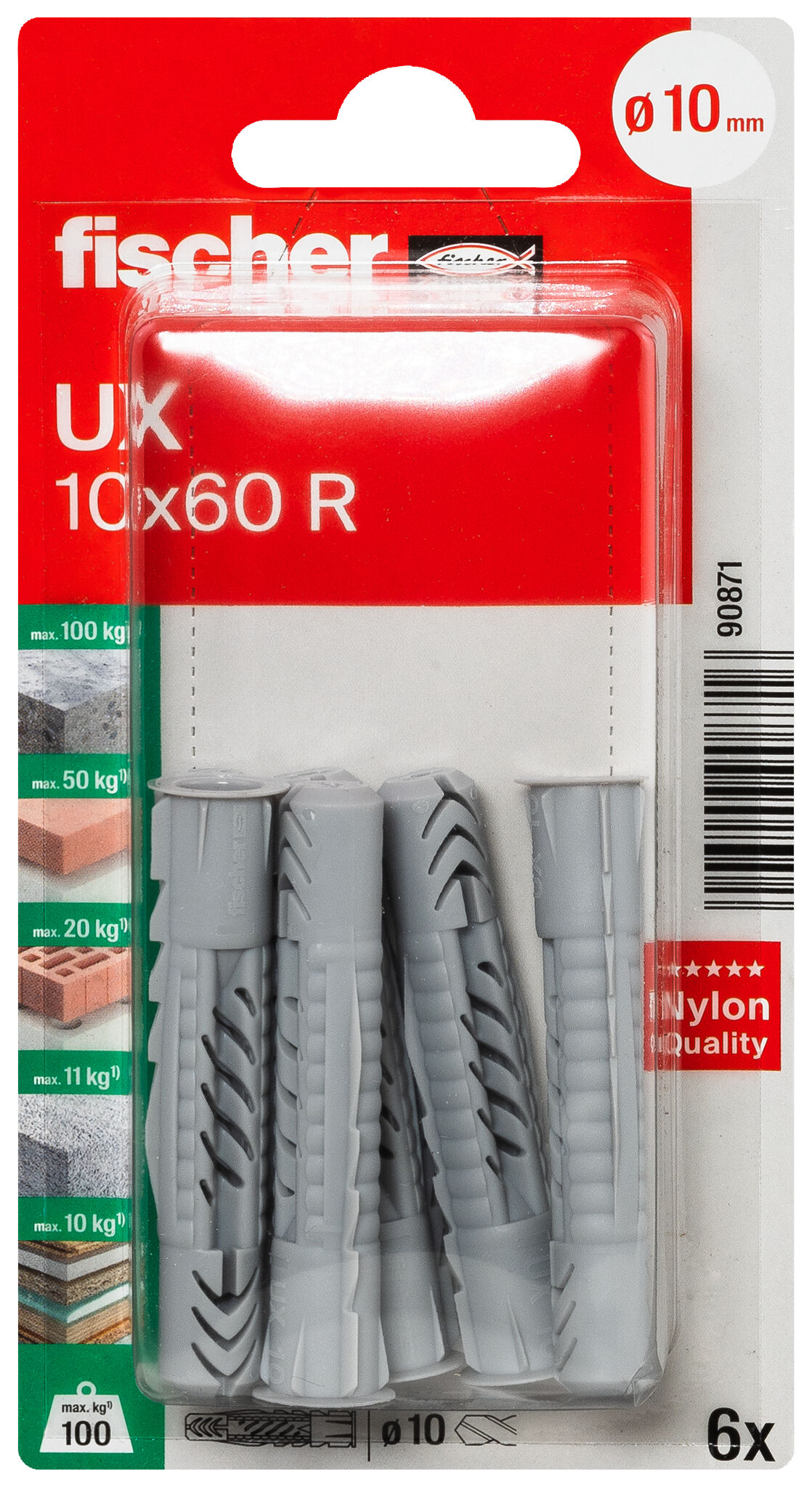 Packaging: "fischer Universal plug UX 10 x 60 R with rim"