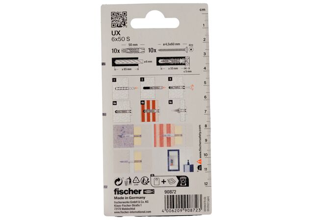 Packaging: "fischer Universal plug UX 6 x 50 S with screw"