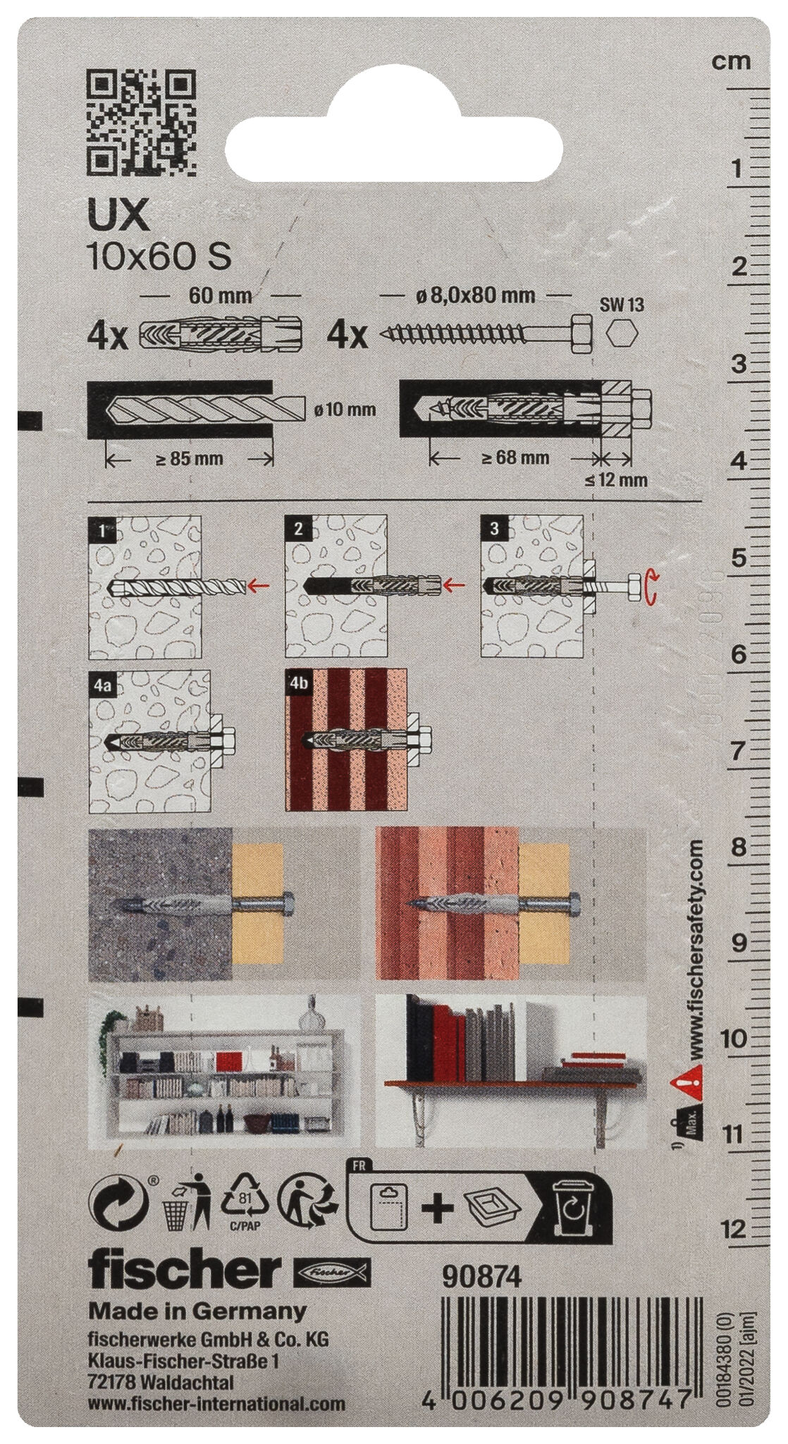 Packaging: "fischer Universal plug UX 10 x 60 S with screw"