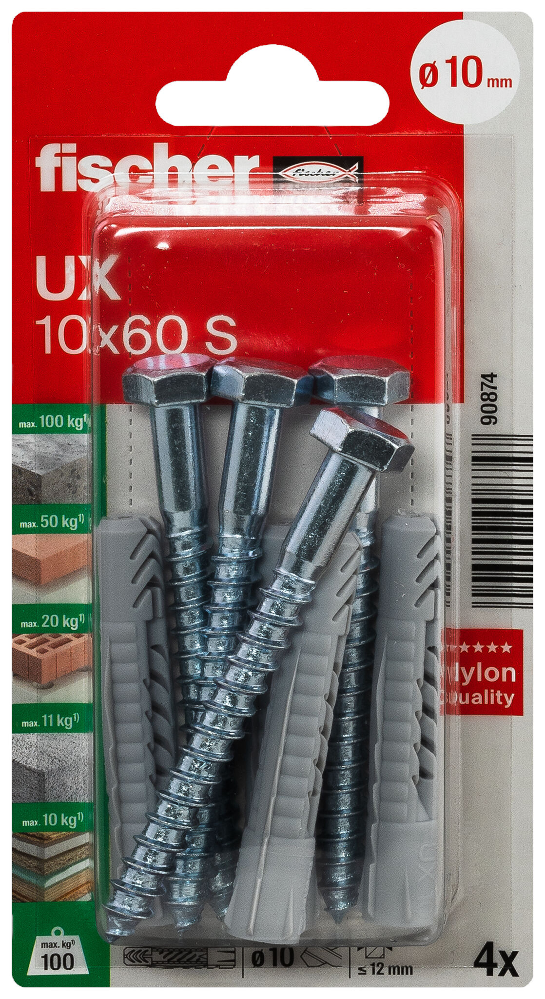 Packaging: "fischer Universal plug UX 10 x 60 S with screw"
