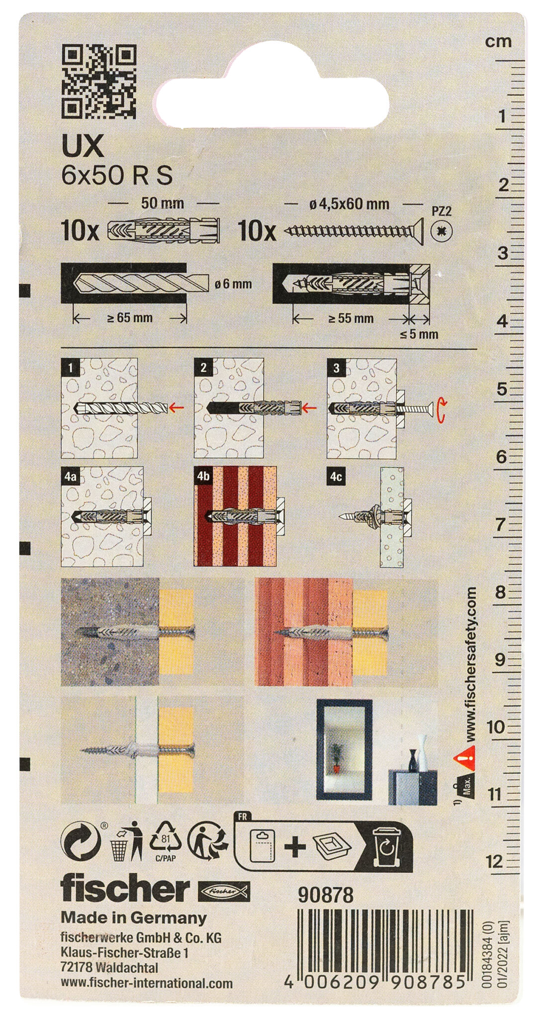 Verpackung: "fischer Universaldübel UX 6 x 50 R S mit Rand und Schraube"