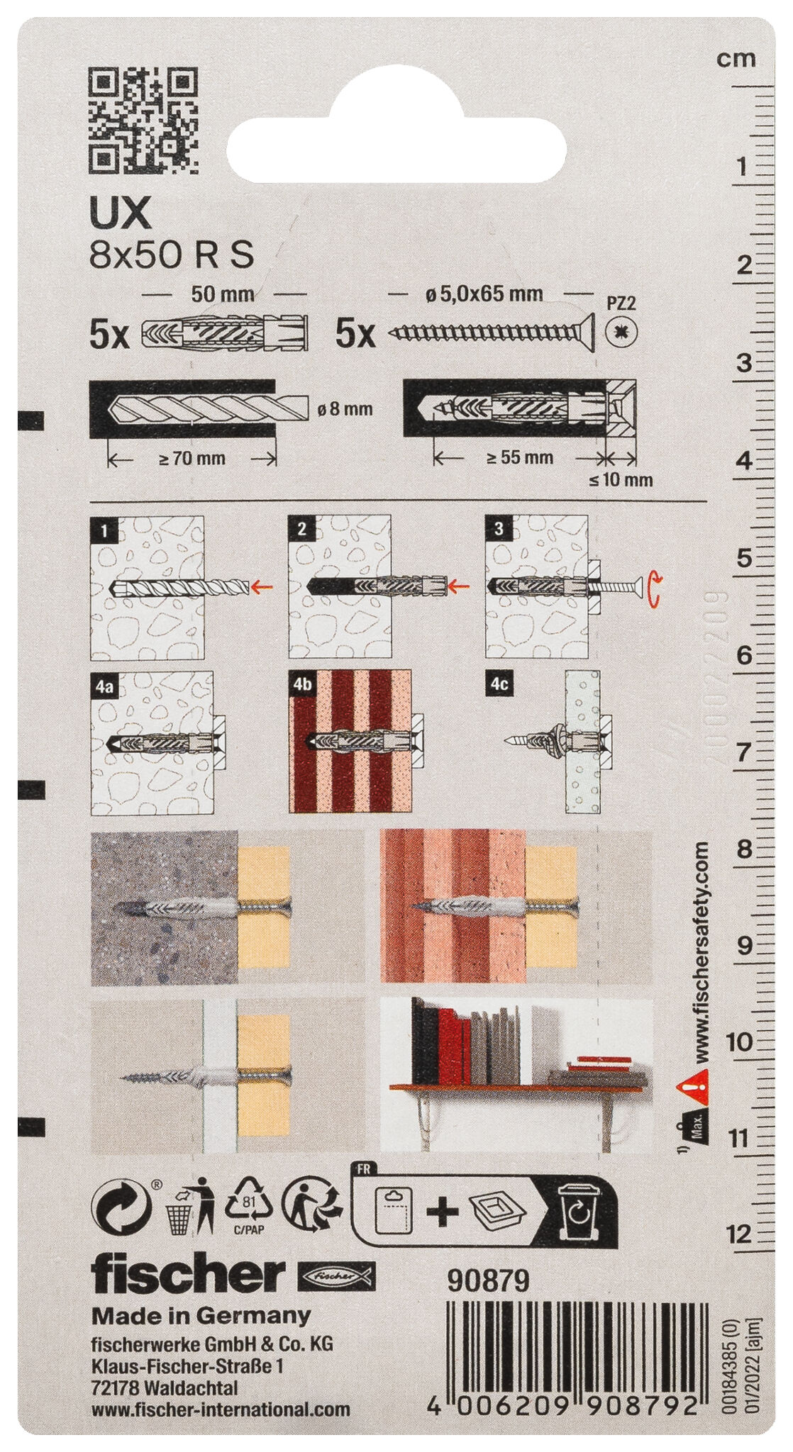 Packaging: "피셔 범용 플러그 UX 8 x 50 RS K 림(rim)과 스크류"