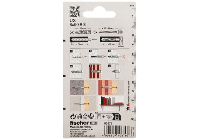 Packaging: "fischer Universal plug UX 8 x 50 R with rim and screw"