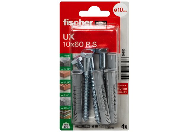 Packaging: "fischer Universal plug UX 10 x 60 R with rim and screw"