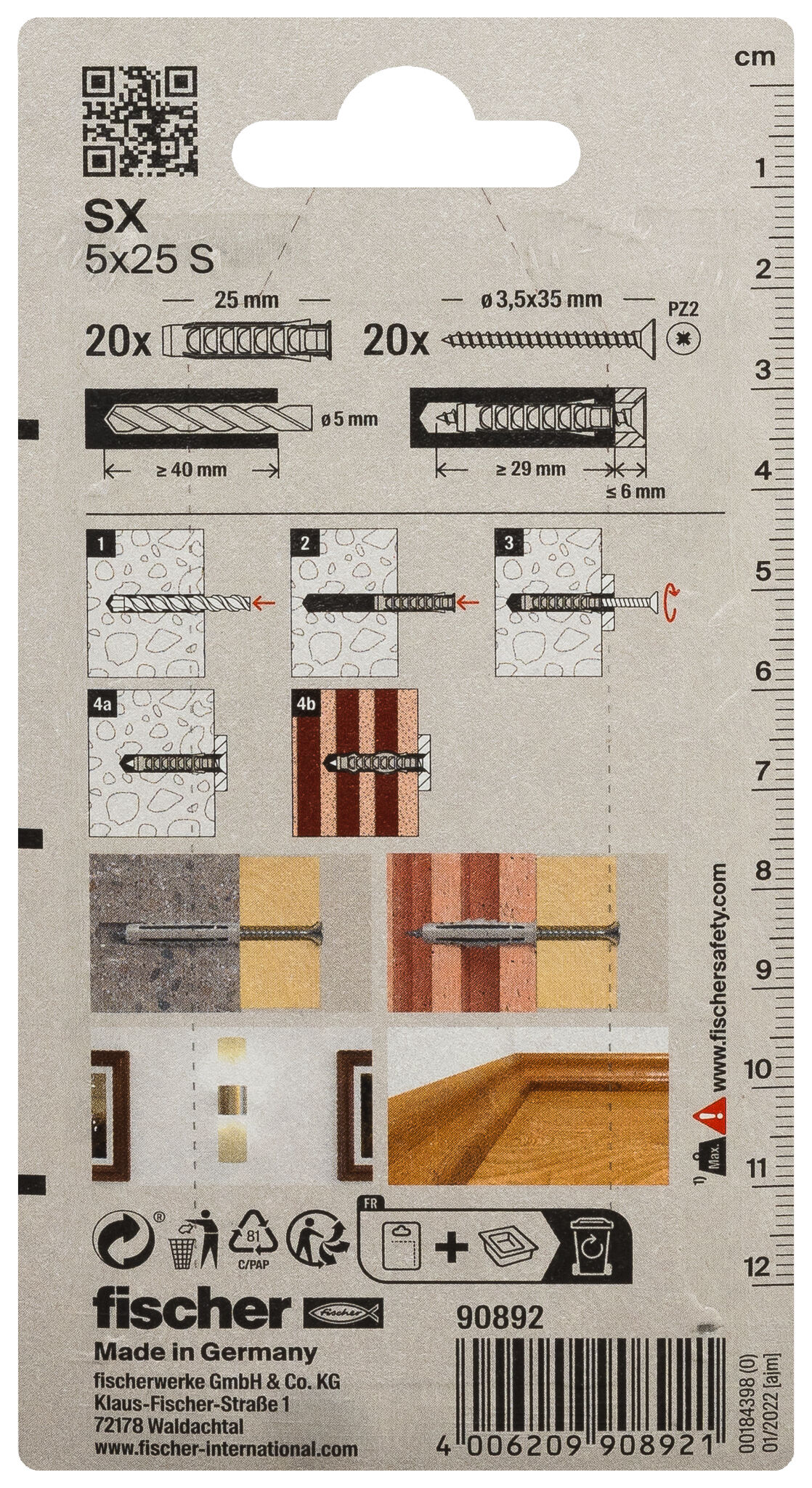 Packaging: "Blister Taco de expansión en cuatro vias SX 5x25 con tornillo - 20uds."