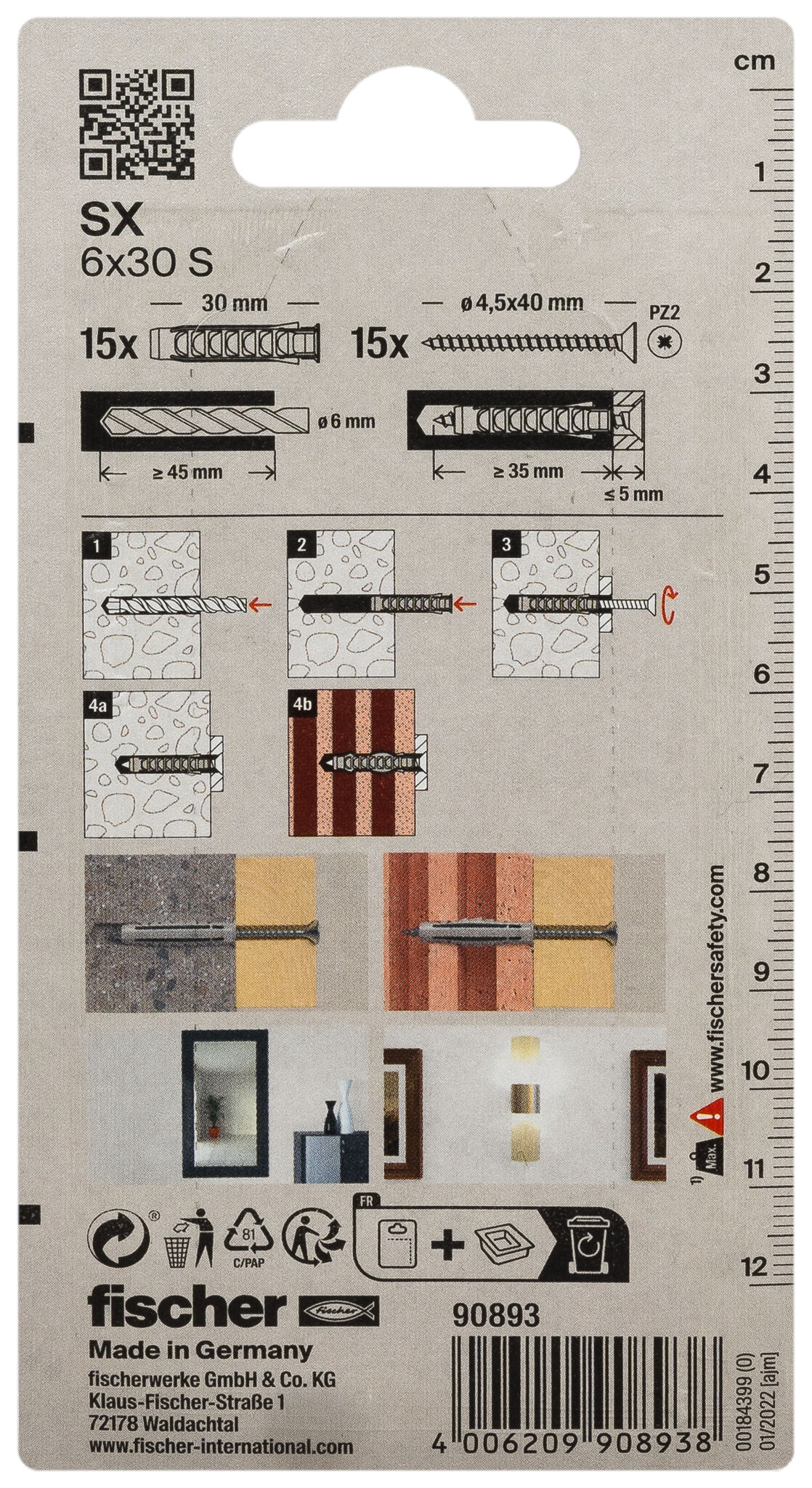 Packaging: "fischer Expansion plug SX 6 x 30 S with screw"
