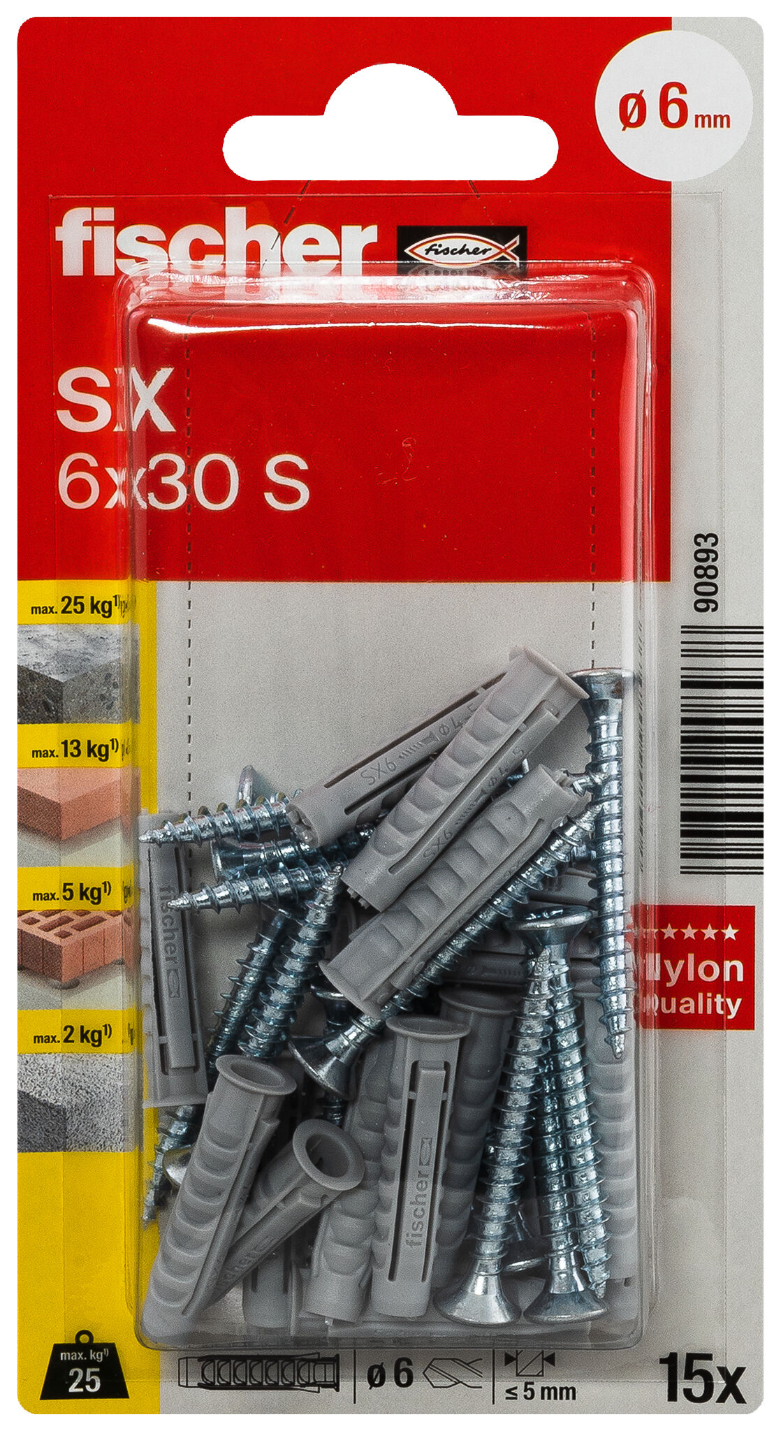 Packaging: "fischer Expansion plug SX 6 x 30 S with screw"