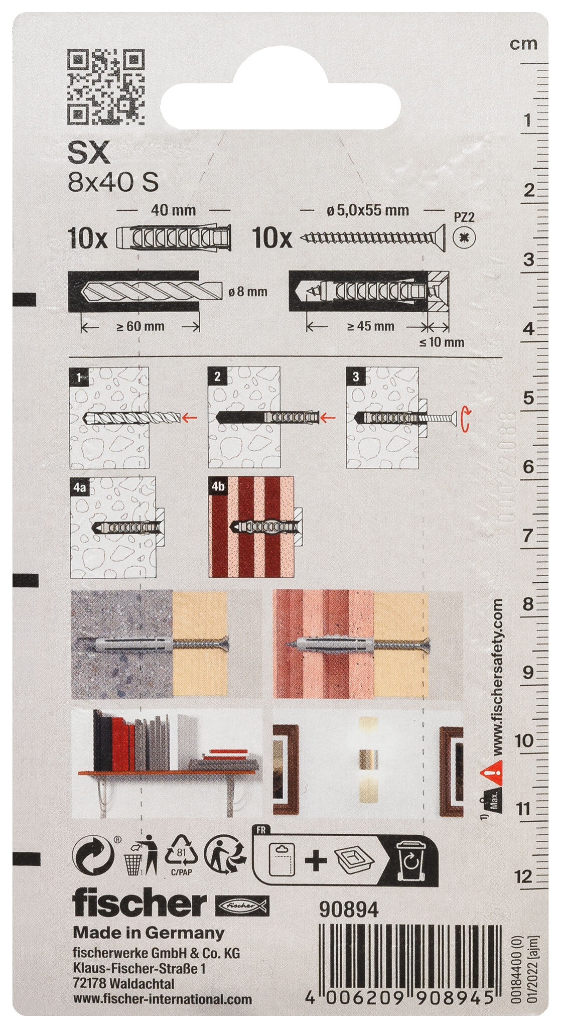 Packaging: "fischer Expansion plug SX 8 x 40 S with screw"
