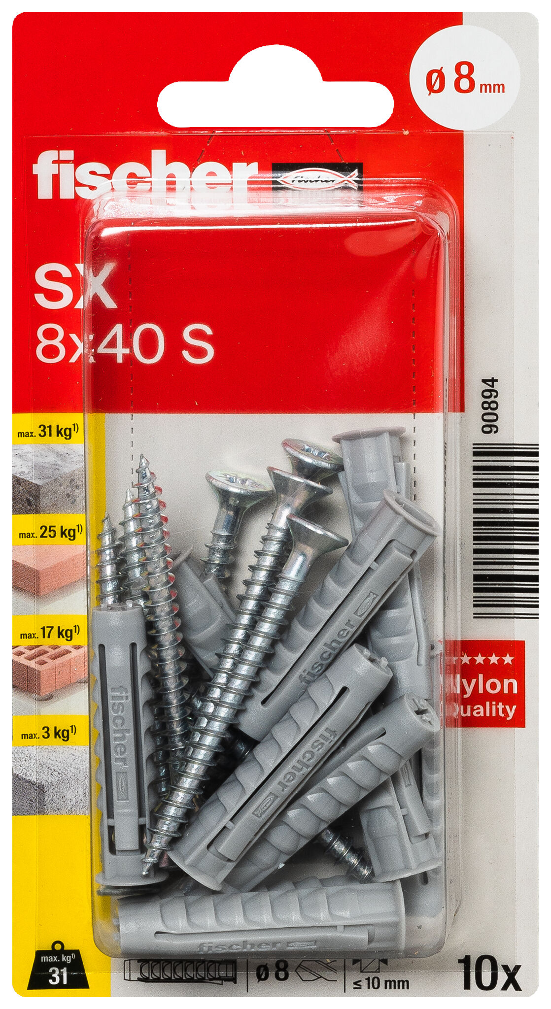 Packaging: "fischer Expansion plug SX 8 x 40 S with screw"