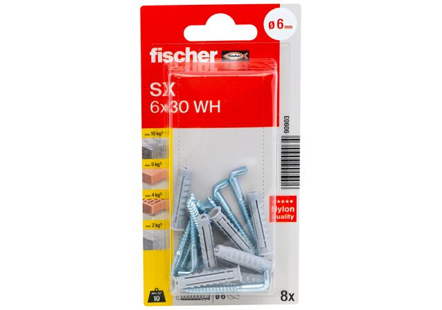 Packaging: "fischer Expansion plug SX 6 x 30 WH with angle hook"