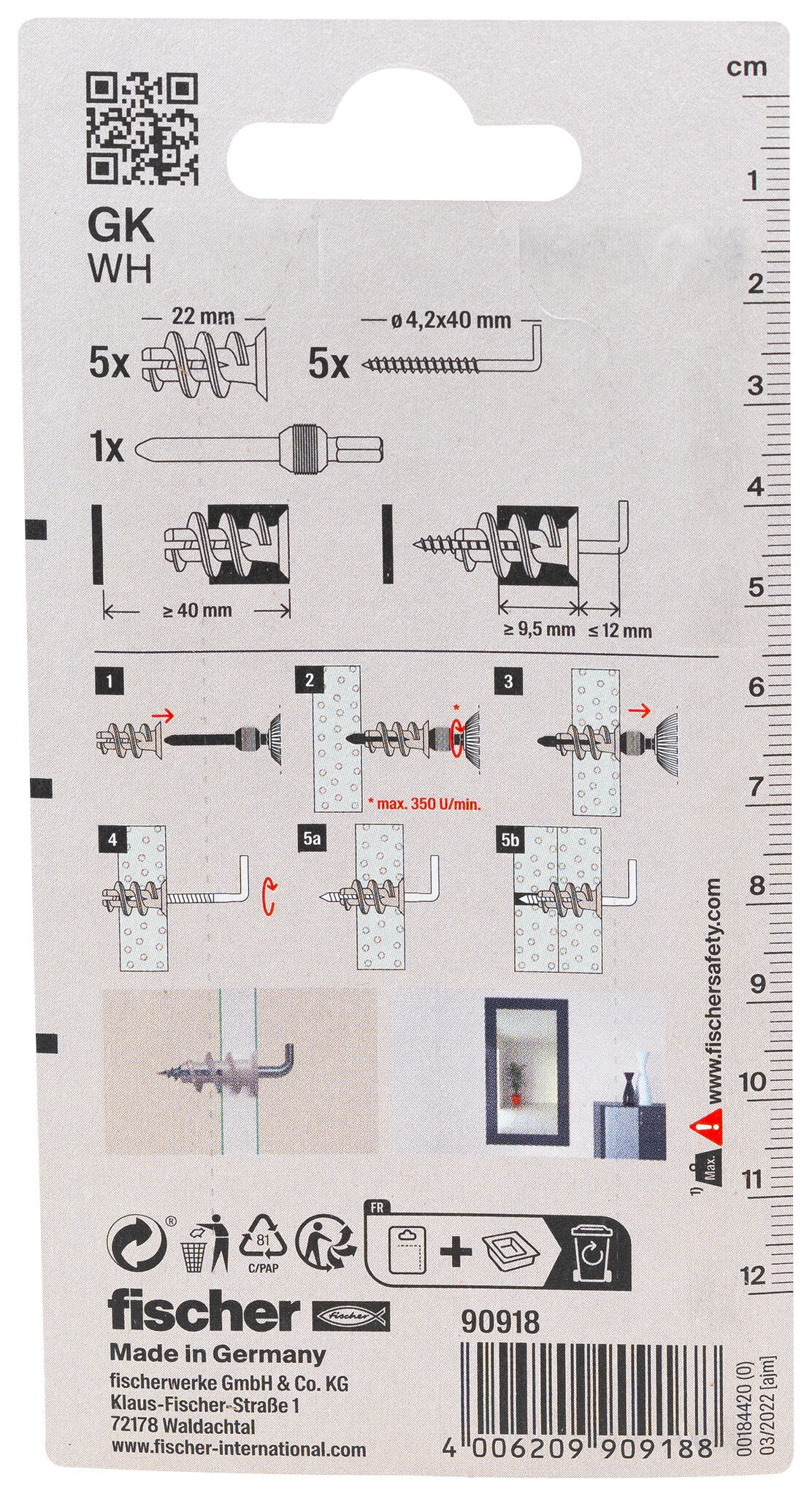 Packaging: "fischer Plasterboard fixing GK WH with angle hook"