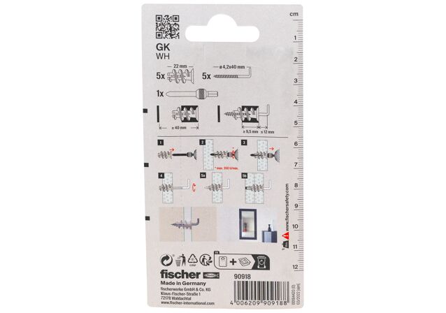 Packaging: "fischer Plasterboard fixing GK WH with angle hook"