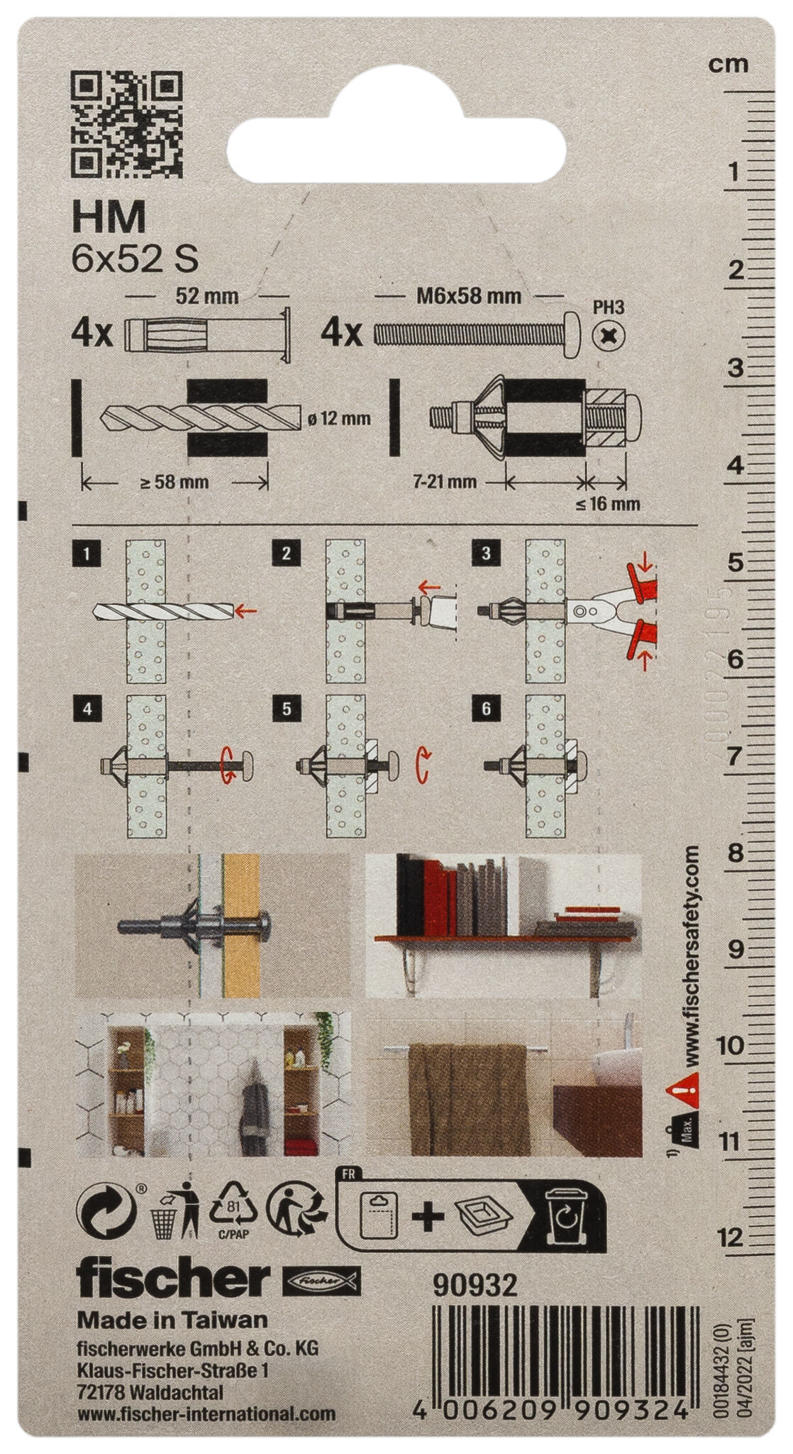 Packaging: "fischer Metal cavity fixing HM 6 x 52 S with screw SB-card"