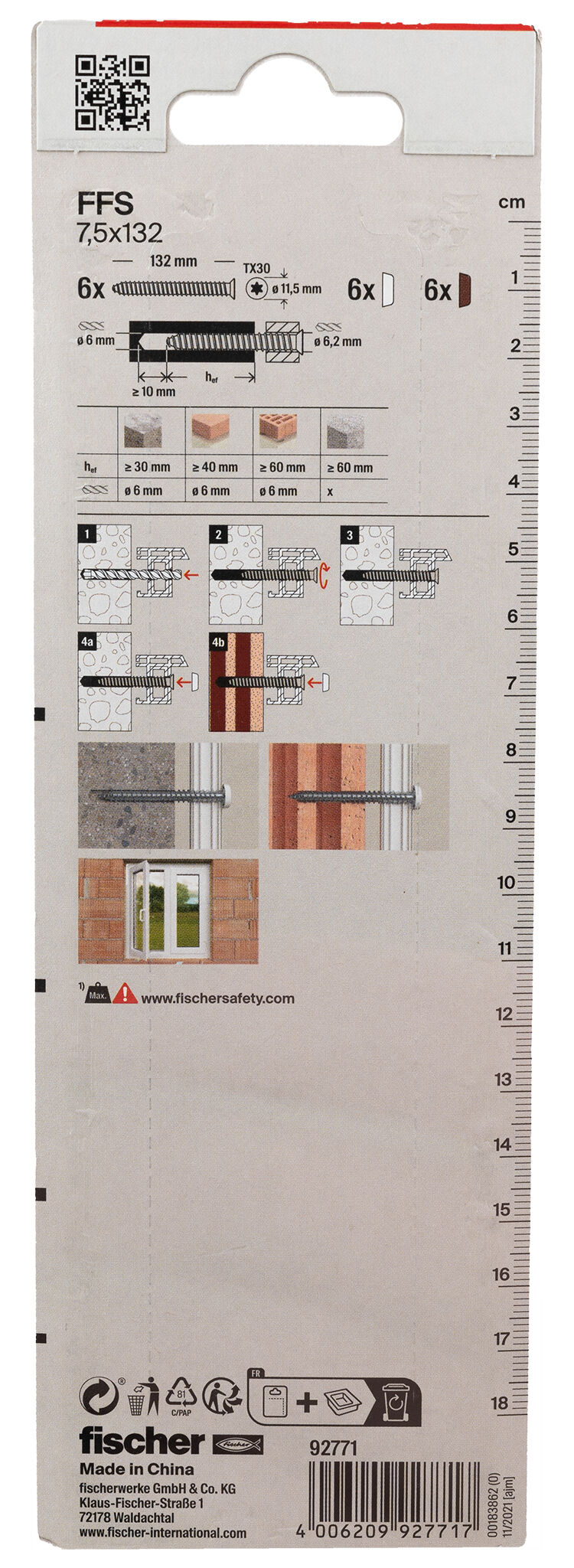 Packaging: "fischer Window frame screws FFS 7.5 x 132 TX30 K SB-card"