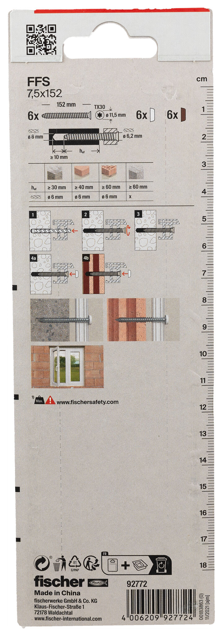 Packaging: "fischer Window frame screws FFS 7.5 x 152 TX30 K SB-card"