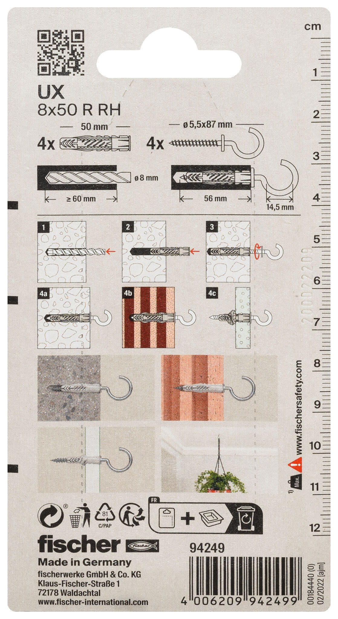 Packaging: "fischer Universal plug UX 8 x 50 RH K with round hook"