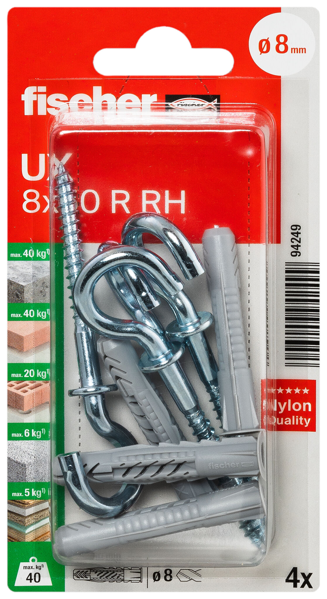 Packaging: "fischer Universal plug UX 8 x 50 RH K with round hook"