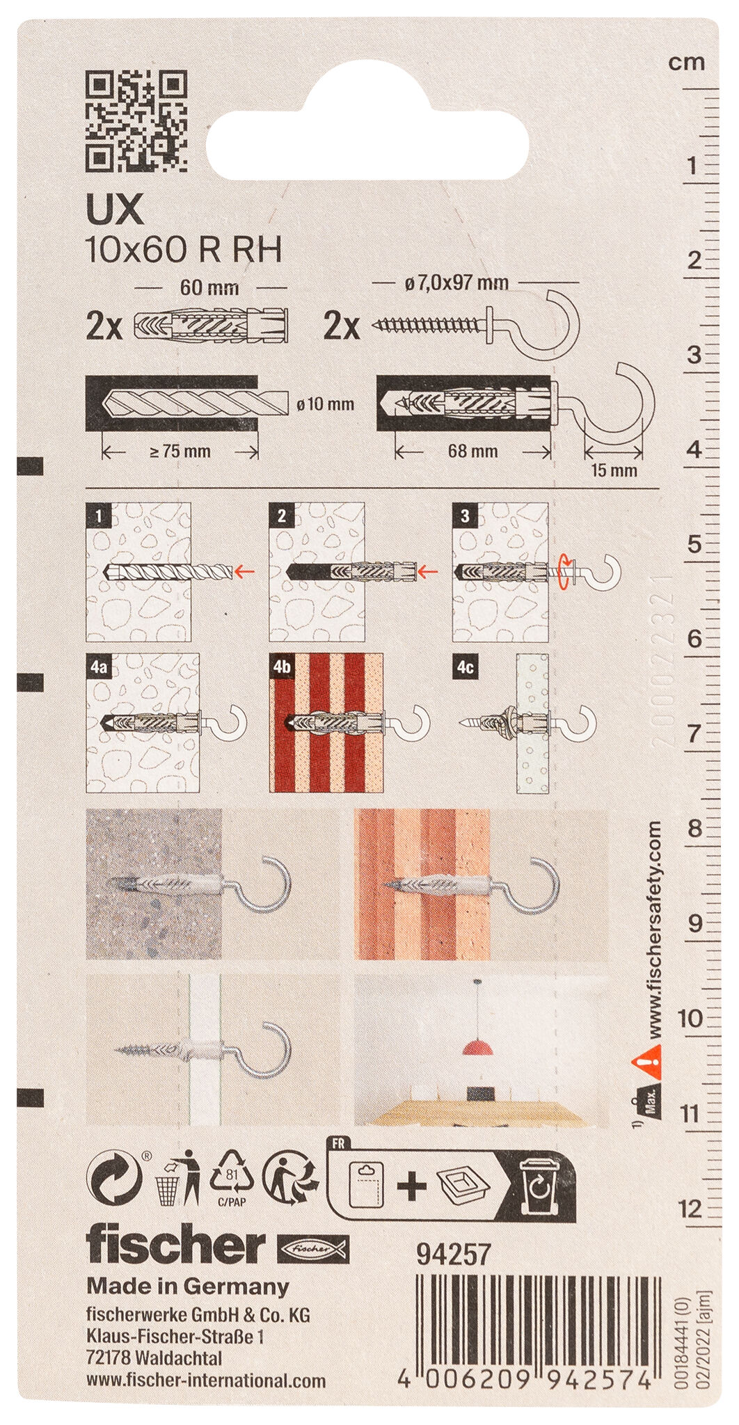 Packaging: "fischer Universal plug UX 10 x 60 RH K with round hook"