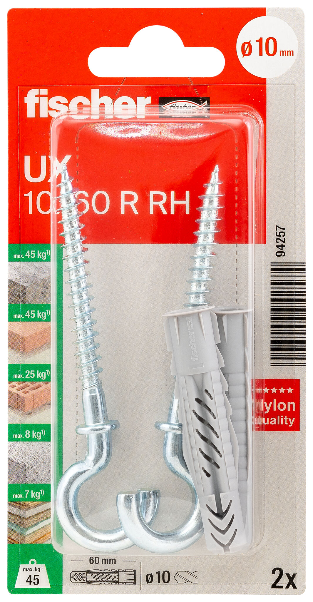 Packaging: "fischer Universal plug UX 10 x 60 RH K with round hook"