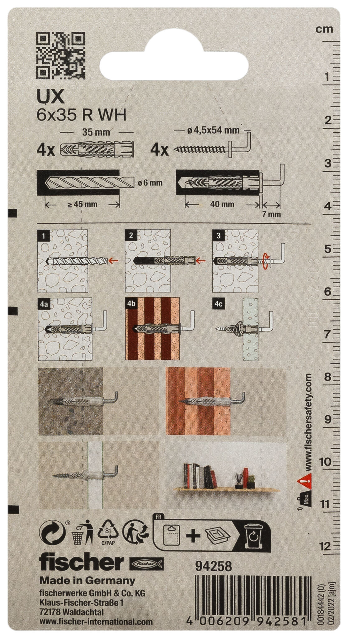 Packaging: "fischer Universal plug UX 6 x 35 WH K with angle hook"