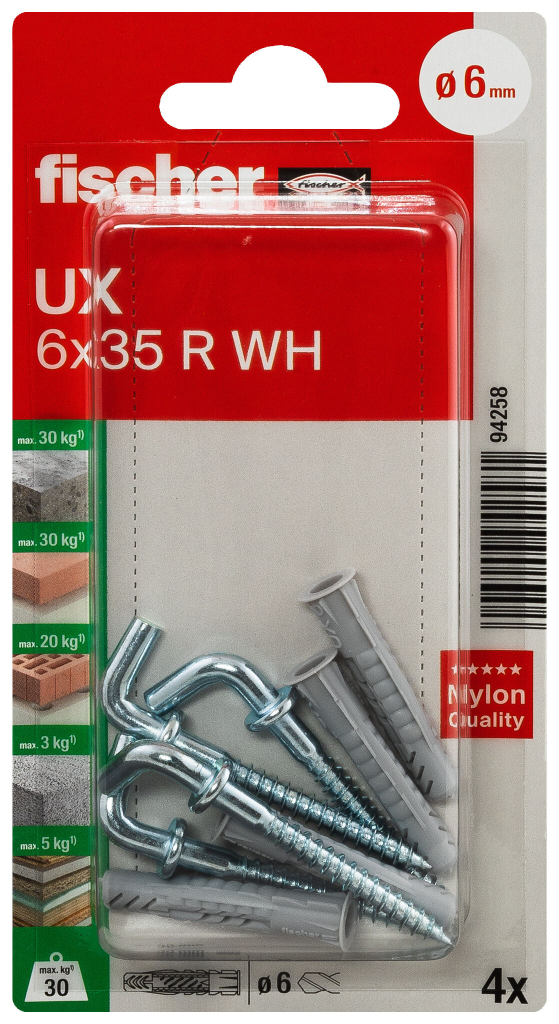 Packaging: "fischer Universal plug UX 6 x 35 WH K with angle hook"