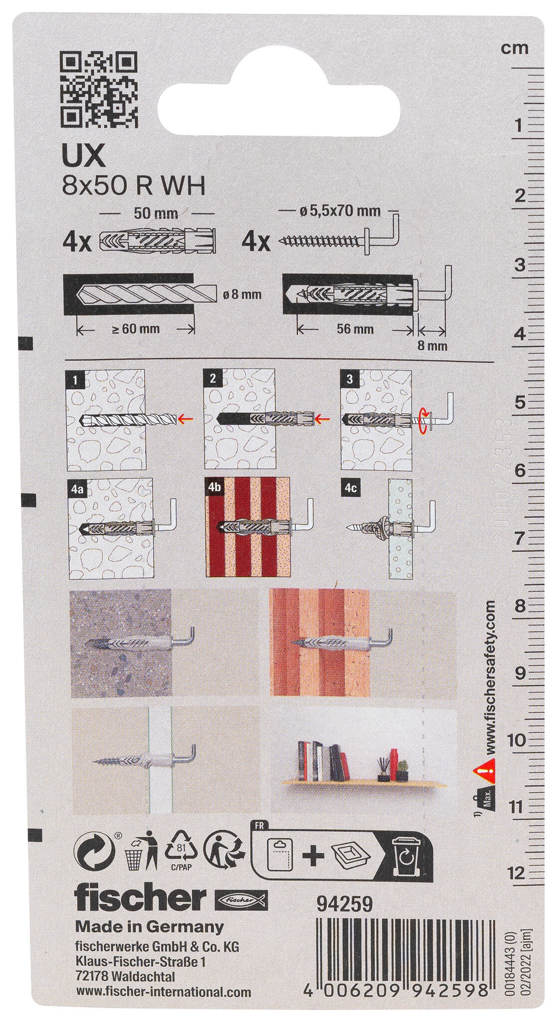 Verpackung: "fischer Universaldübel UX 8 x 50 WH mit Winkelhaken"