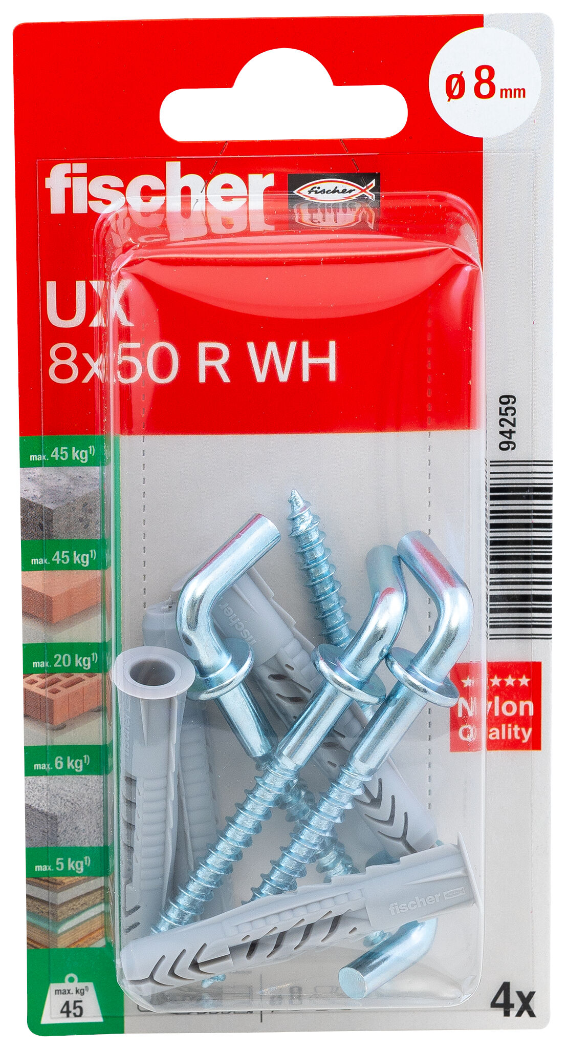 Verpackung: "fischer Universaldübel UX 8 x 50 WH mit Winkelhaken"