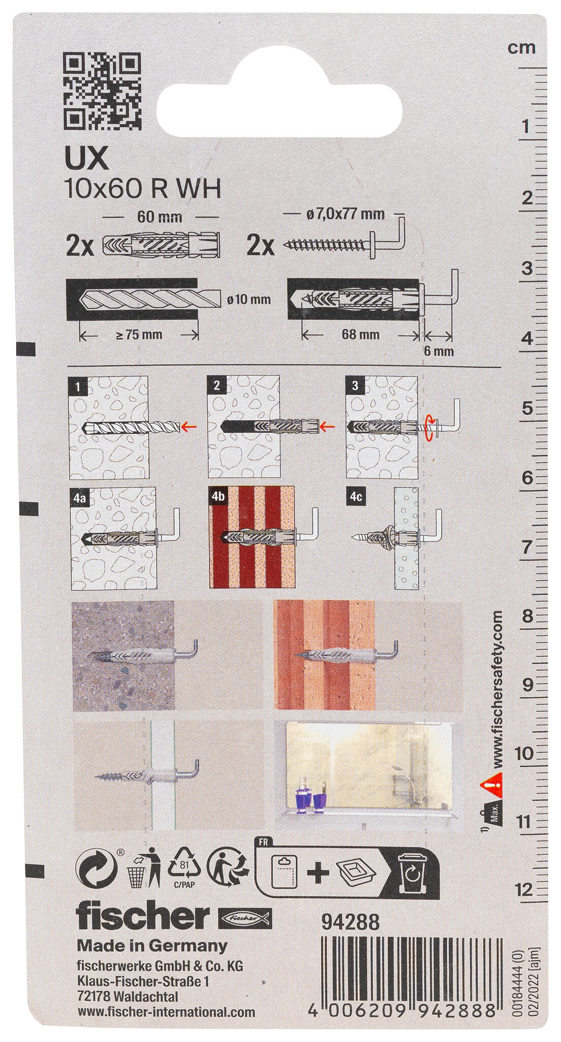 Packaging: "피셔 범용 플러그 UX 10 x 60 WH K 앵글 훅"