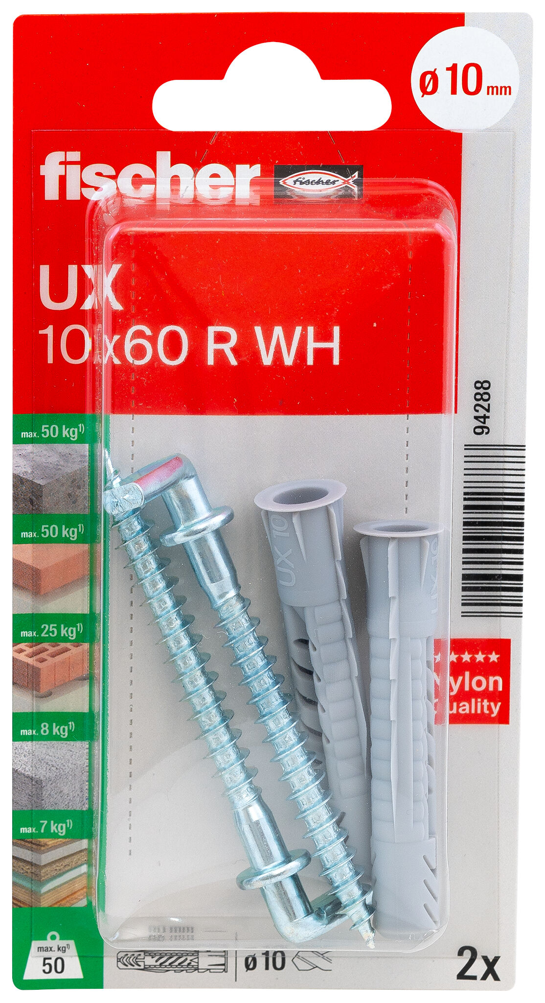 Packaging: "피셔 범용 플러그 UX 10 x 60 WH K 앵글 훅"