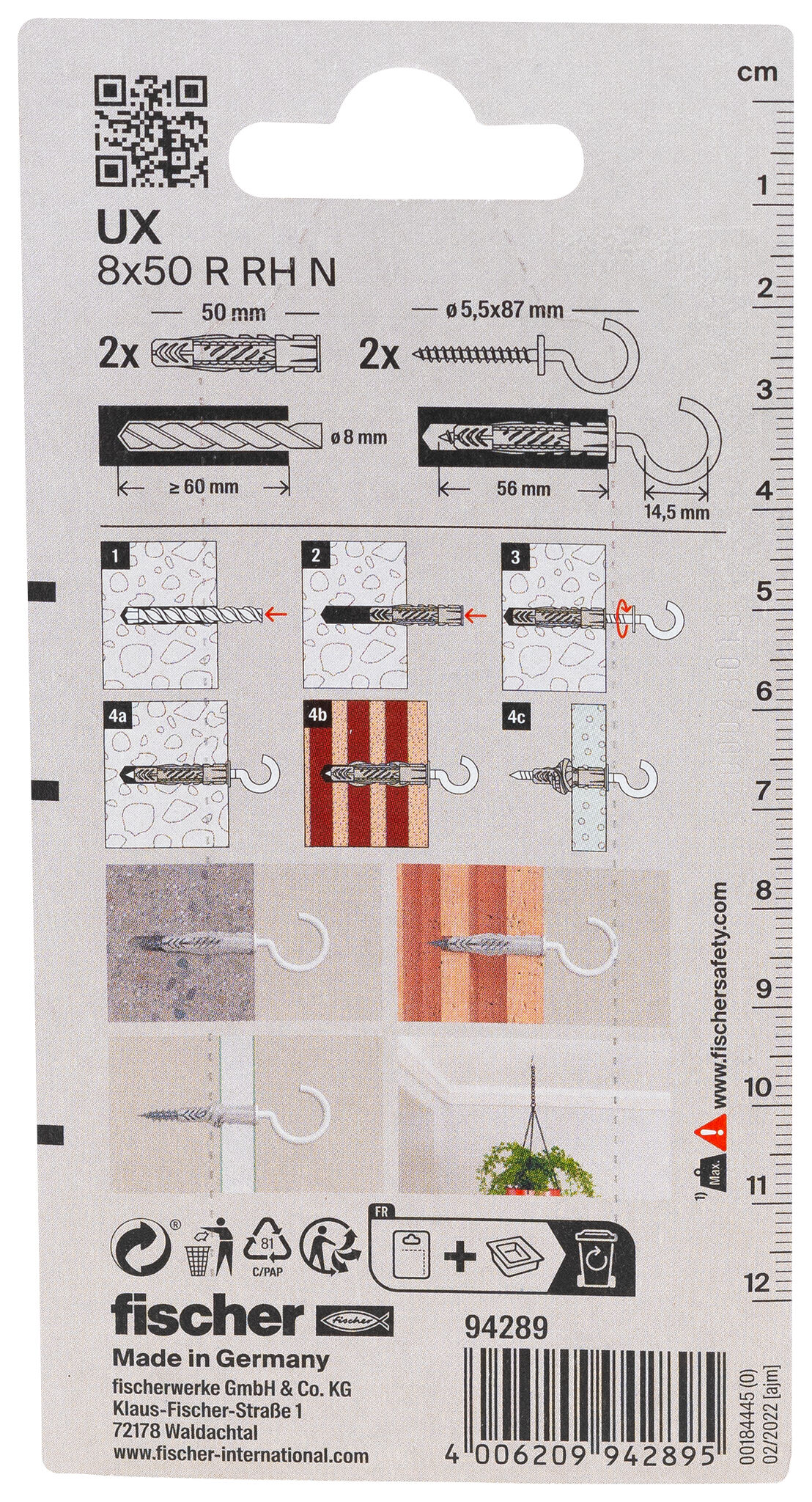 Packaging: "fischer Universal plug UX 8 x 50 RH N K with rim and white eye hook"