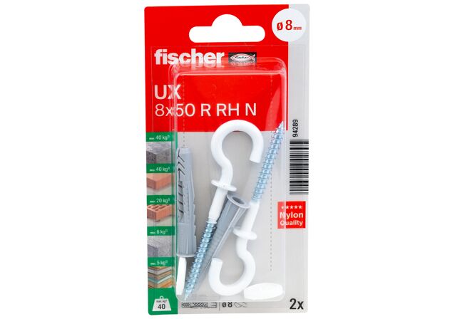 Verpackung: "fischer Universaldübel UX 8 x 50 RH mit Rundhaken, nylonbeschichtet"