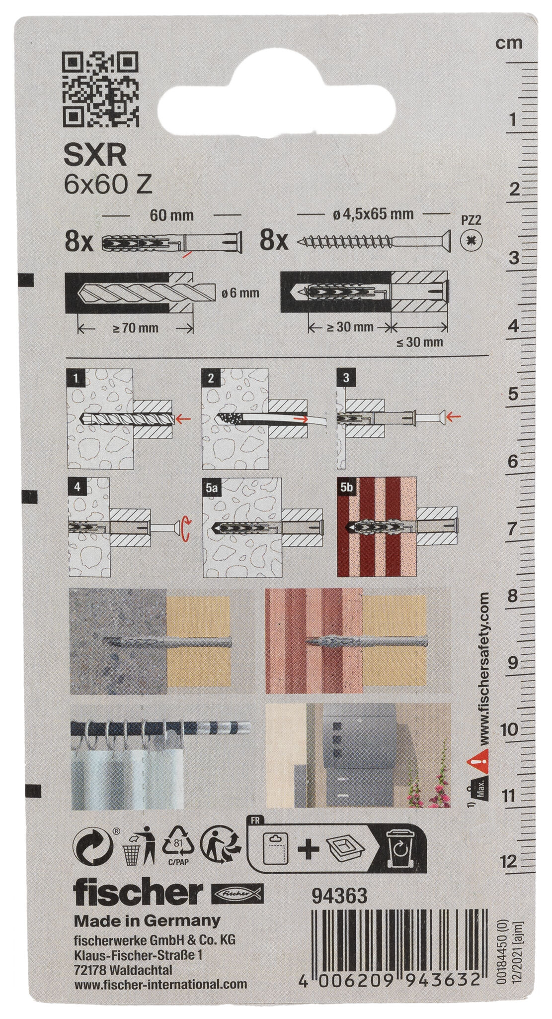 Verpackung: "fischer Langschaftdübel SXR 6 x 60 Z Senkkopfschraube (PZ)"