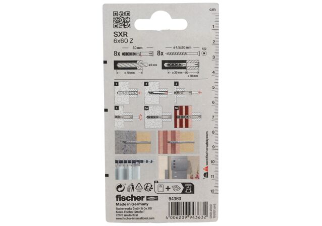 Packaging: "fischer Frame fixing SXR 6 x 60 Z with countersunk wood screw K SB-card"