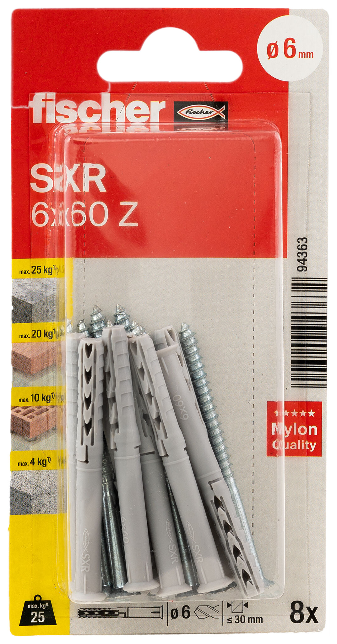 Verpackung: "fischer Langschaftdübel SXR 6 x 60 Z Senkkopfschraube (PZ)"