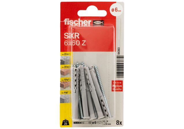 Packaging: "fischer Frame fixing SXR 6 x 60 Z with countersunk wood screw K SB-card"