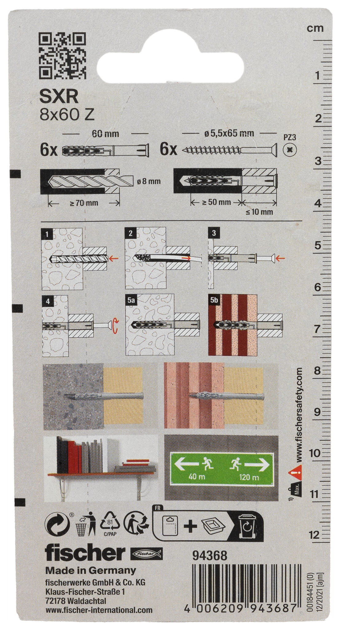 Packaging: "fischer Frame fixing SXR 8 x 60 Z with countersunk wood screw K SB-card"