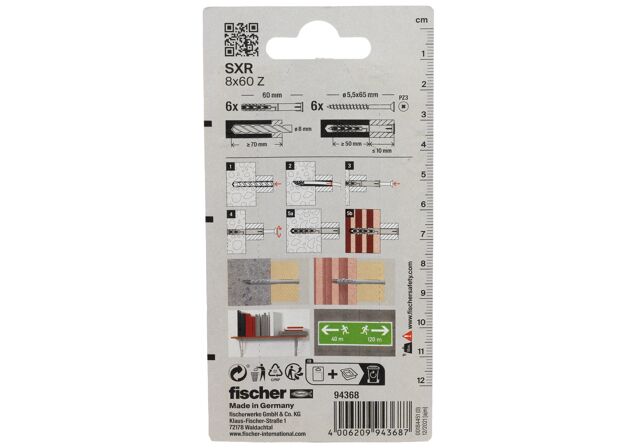 Packaging: "fischer Frame fixing SXR 8 x 60 Z with countersunk wood screw K SB-card"