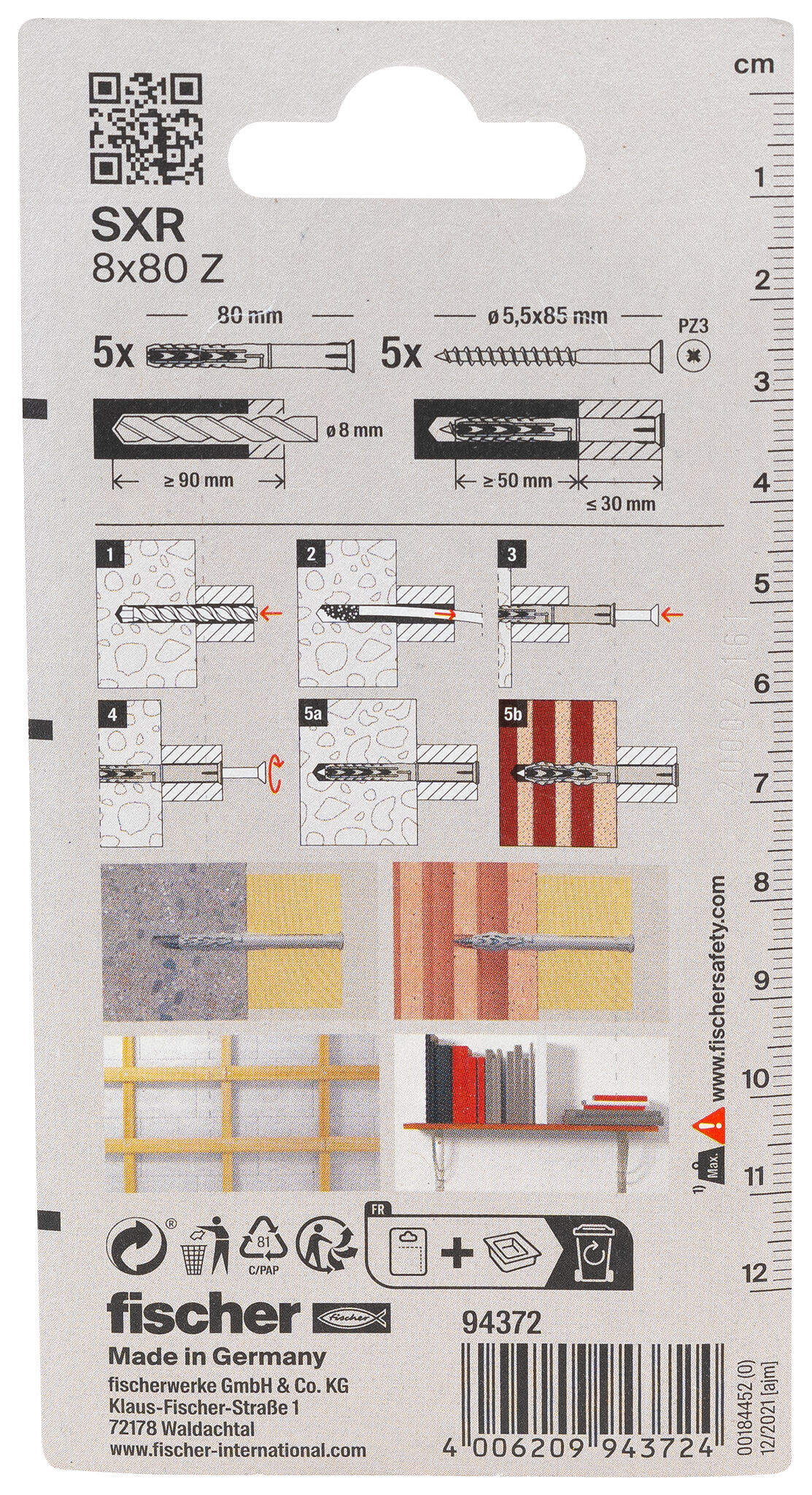 Packaging: "fischer Frame fixing SXR 8 x 80 T with countersunk wood screw K SB-card"