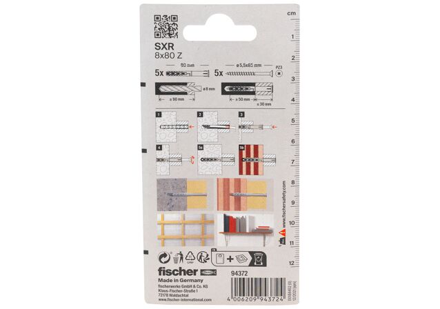 Packaging: "fischer Frame fixing SXR 8 x 80 T with countersunk wood screw K SB-card"