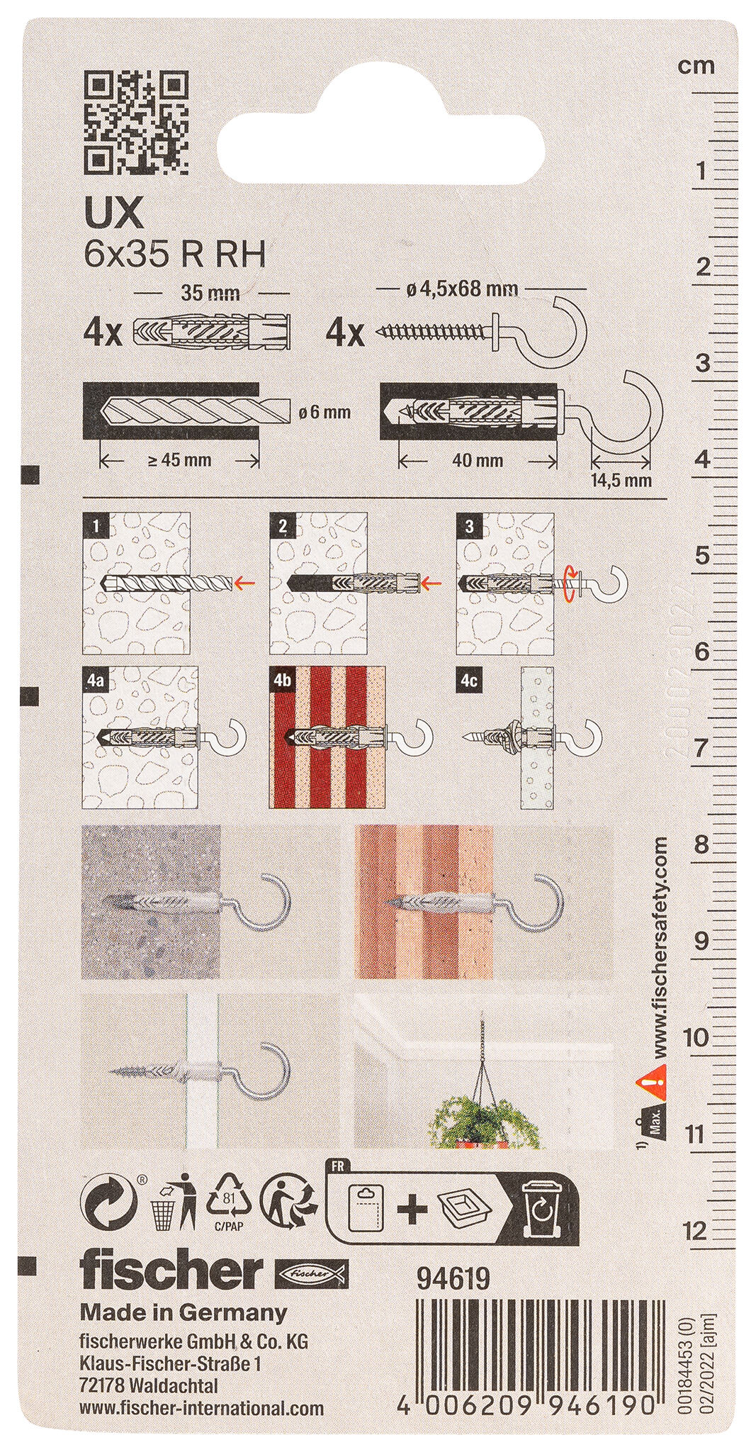 Packaging: "피셔 범용 플러그 UX 6 x 35 RH K 원형 훅"