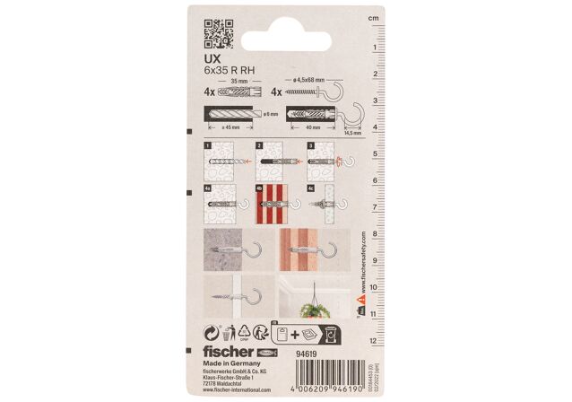 Packaging: "fischer Universal plug UX 6 x 35 RH with rim and round hook"
