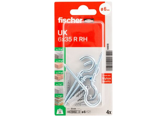 Packaging: "fischer Universal plug UX 6 x 35 RH with rim and round hook"