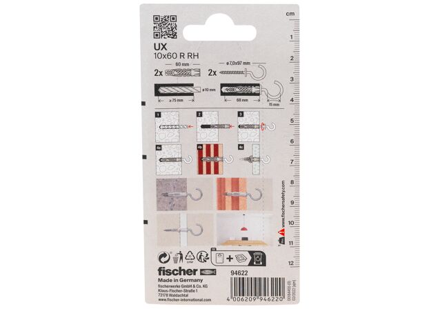 Verpackung: "fischer Universaldübel UX 10 x 60 RH mit Rundhaken"