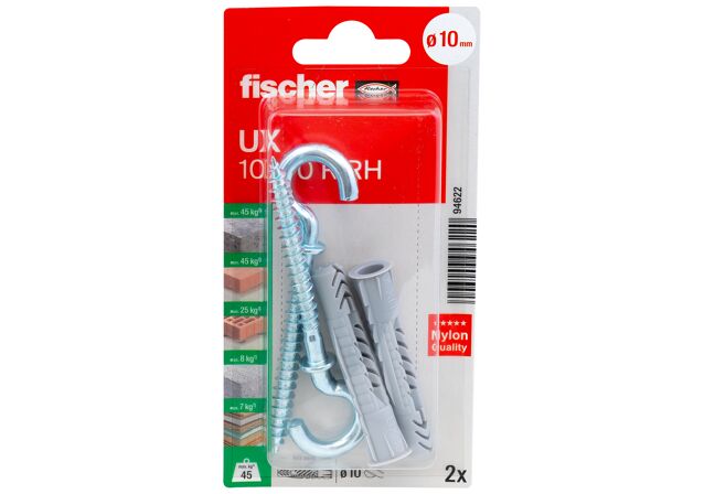 Verpackung: "fischer Universaldübel UX 10 x 60 RH mit Rundhaken"