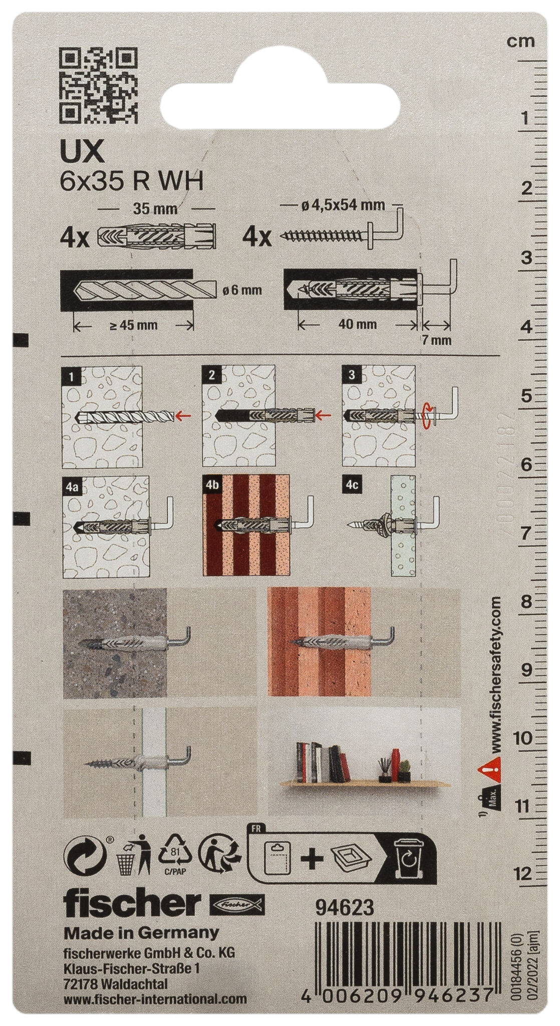 Verpackung: "fischer Universaldübel UX 6 x 35 WH mit Winkelhaken"