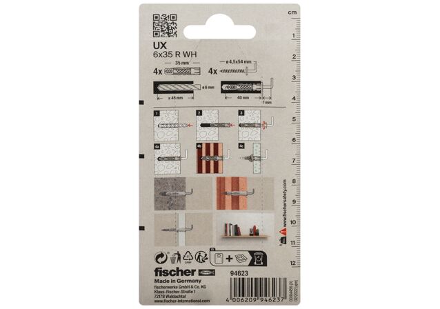 Verpackung: "fischer Universaldübel UX 6 x 35 WH mit Winkelhaken"