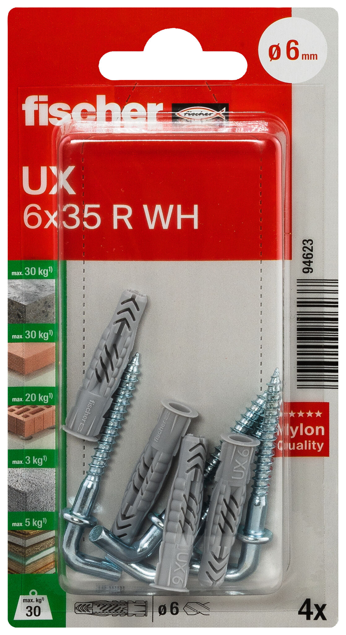 Verpackung: "fischer Universaldübel UX 6 x 35 WH mit Winkelhaken"