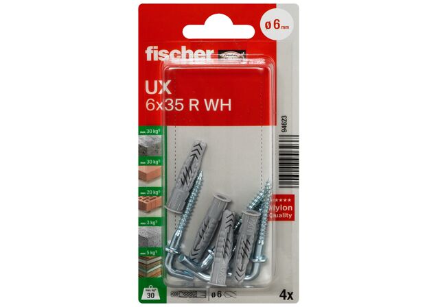 Verpackung: "fischer Universaldübel UX 6 x 35 WH mit Winkelhaken"
